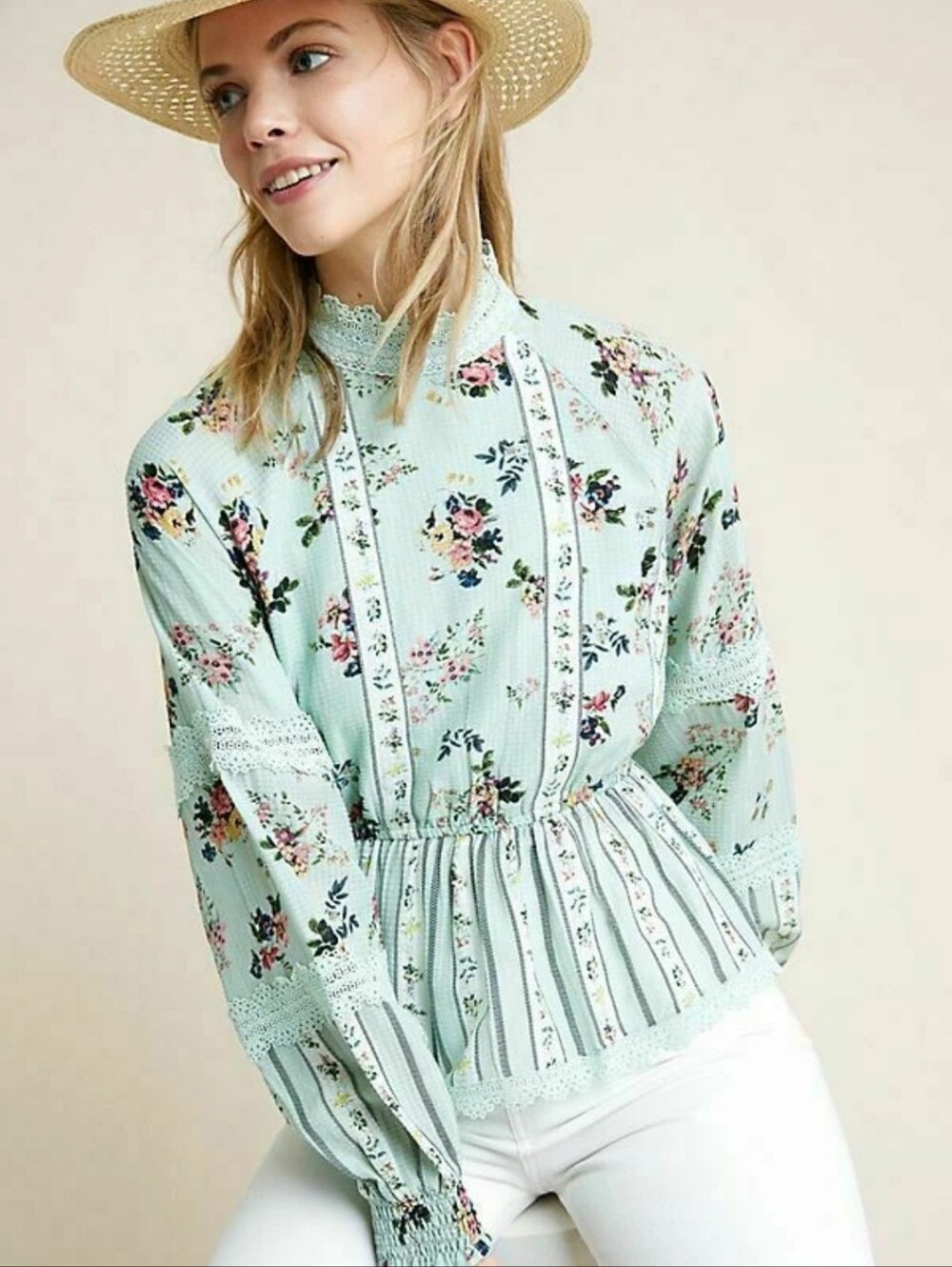 HEMANT & NANDITA Mint Floral Lace-Trim Peplum Blouse